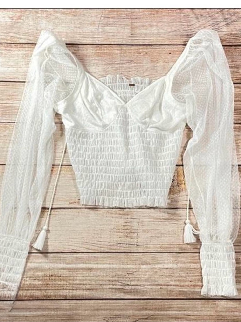 Skylar + Madison White Sheer Puff Sleeve Smocked Crop Blouse